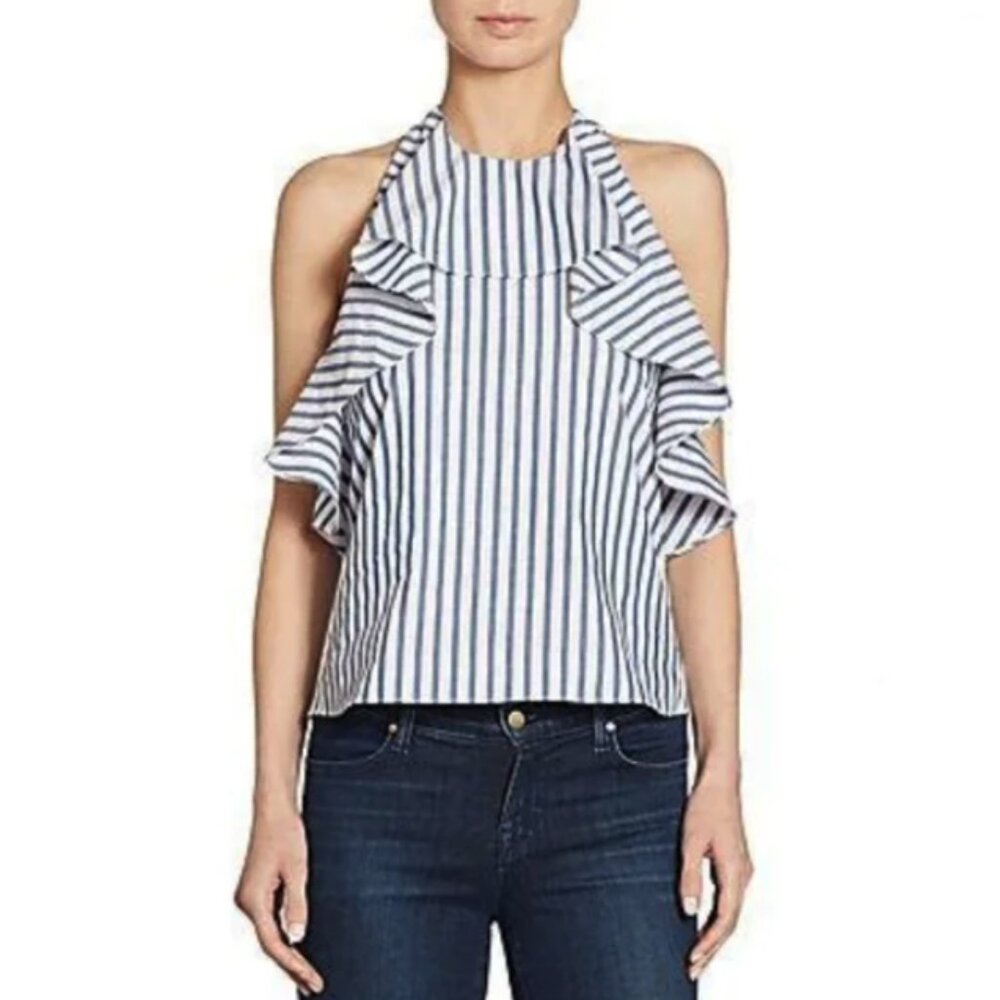 ALICE + OLIVIA Windy Ruffled Cotton Swing Halter Top Striped Backless S